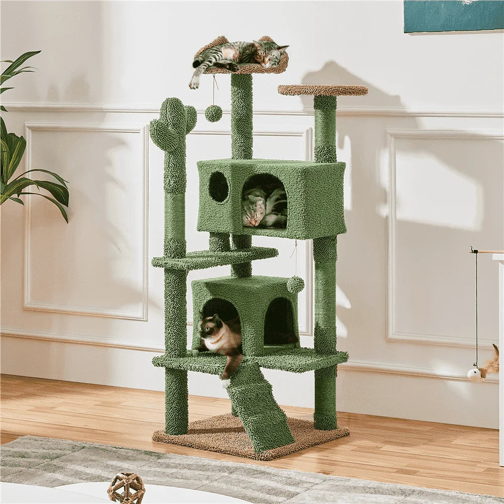 54.3'' H Cactus Cat Tree Tower with 2 Condos & Perches, Green/Brown