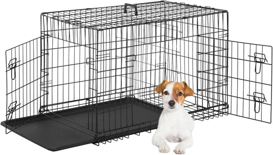 24 Inch Foldable Metal Dog Crate for Small Dogs, Double Door, Divider, Removable Tray(Black)