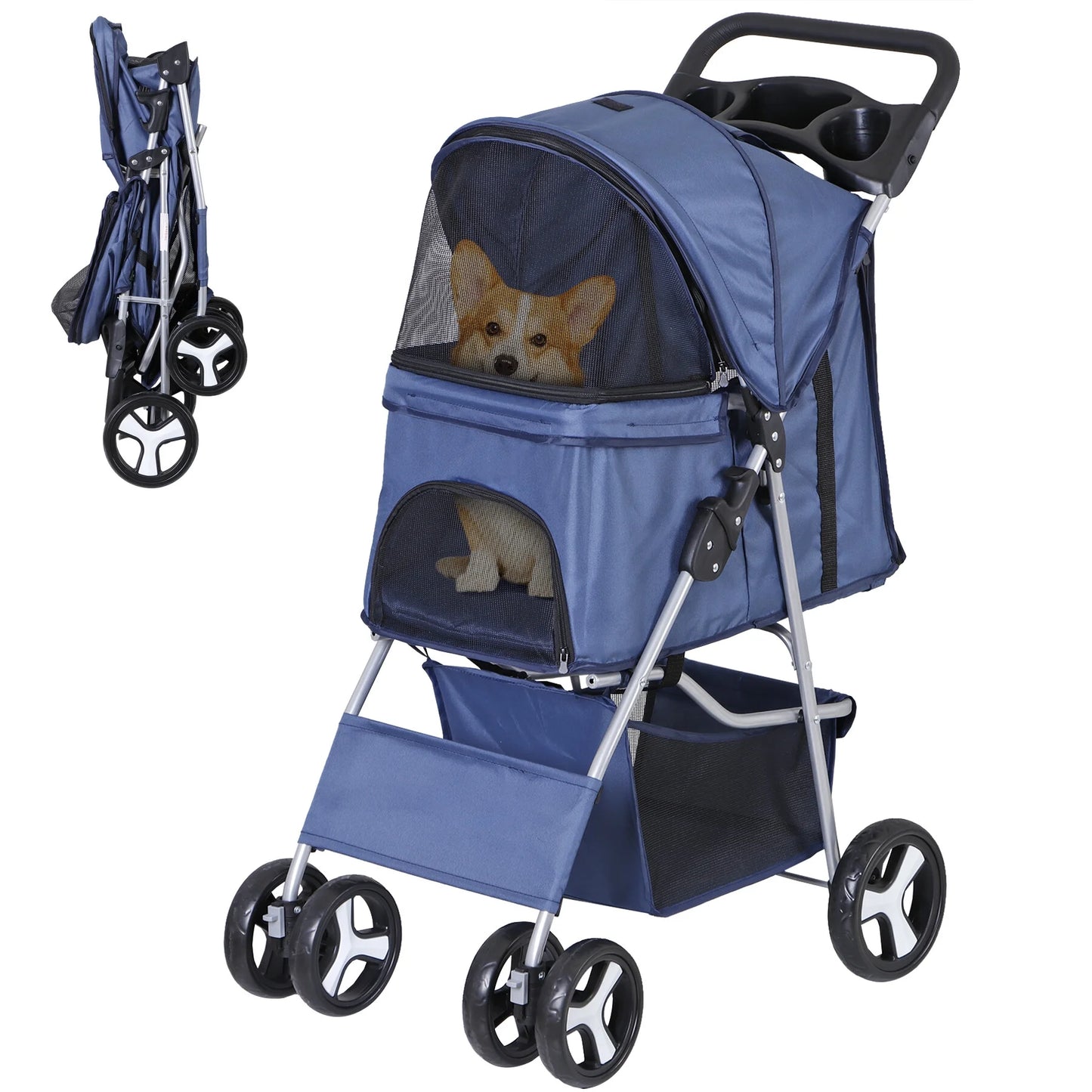 4 Wheels Small Pet Dog Stroller Foldable Strolling Cart Max.33Lbs W/Storage Basket & Cup Holder,Navy