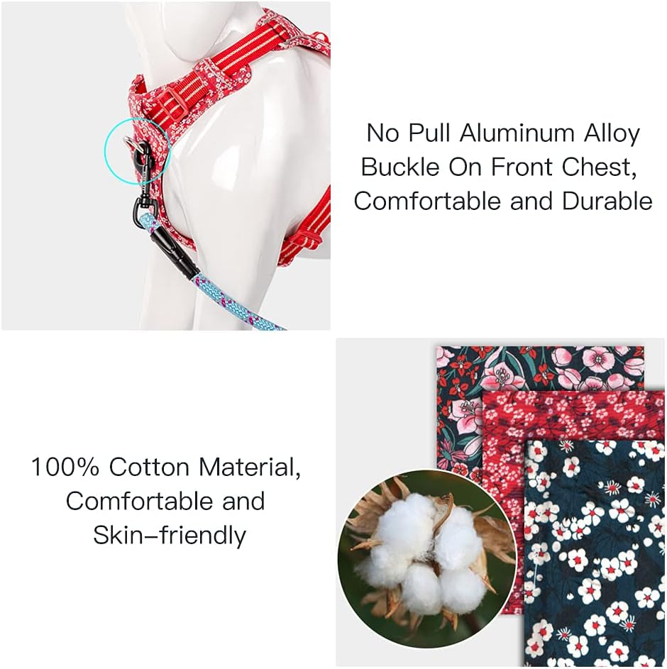 No Pull Dog Harness Reflective Dog Vest Harness with Handle Front Clip Neoprene Padded Dog Harness for Puppy Small Medium Large Dogs 3 Buckles Easy to Put on & Take off Floral Blue XS
