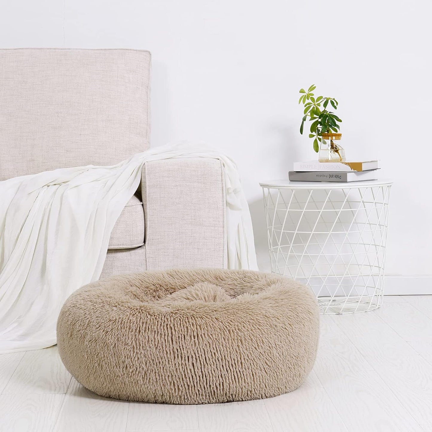Pet Dog Bed for Medium Dogs Cats Donut, Comfortable round Plush Dog Beds Calming Fluffy Faux Fur Cat Dog Cushion Bed, Machine Washable, Anti-Skid (30" X 30", Taupe)