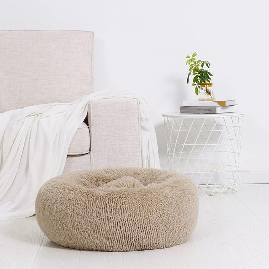 Pet Dog Bed for Medium Dogs Cats Donut, Comfortable round Plush Dog Beds Calming Fluffy Faux Fur Cat Dog Cushion Bed, Machine Washable, Anti-Skid (30" X 30", Taupe)