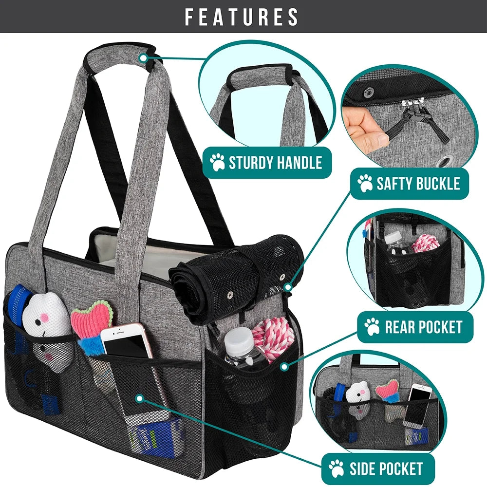 Small Dog Purse Carrier, Soft-Sided Pet Carrier Bag with Pockets, Portable Medium Dog Puppy Large Cat Travel Handbag Tote, Airline Approved Breathable Mesh, Poop Bag Dispenser, Sherpa Bed, Gray