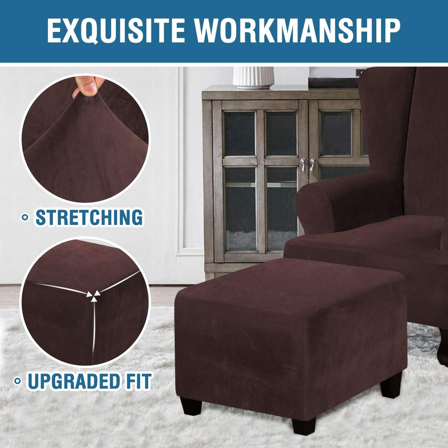 Square Ottoman Covers Ottoman Slipcover Square Footstool Protector Covers Storage Stool Ottoman Covers Stretch with Elastic Bottom, Feature Real Velvet Plush Fabric, Brown