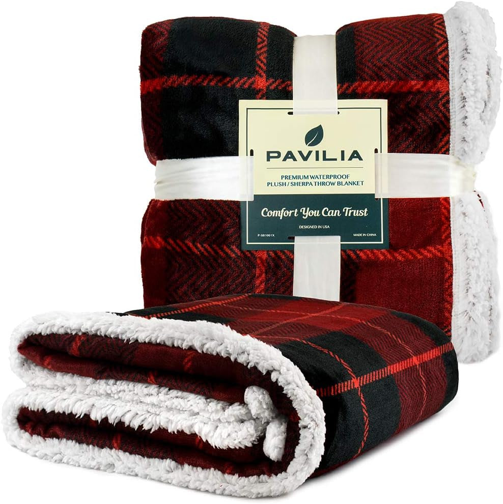 Waterproof Blanket for Couch & Sofa | Large Dog & Cat Protector | Plush Soft Sherpa Blanket, Plaid Red, 60X80
