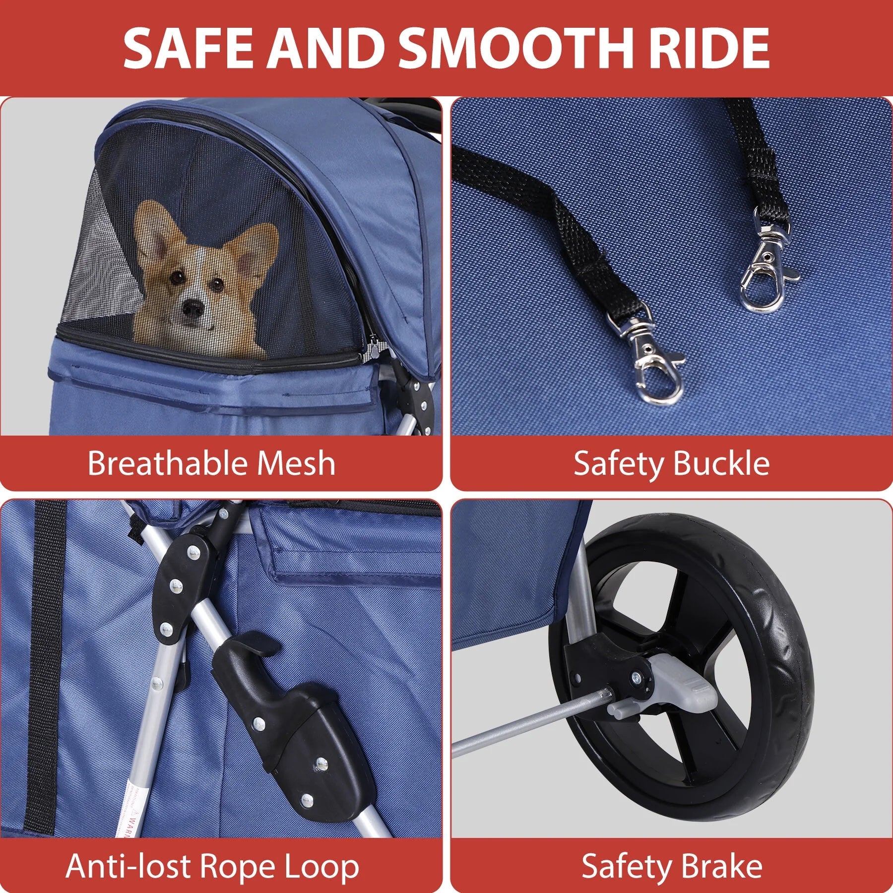 4 Wheels Small Pet Dog Stroller Foldable Strolling Cart Max.33Lbs W/Storage Basket & Cup Holder,Navy