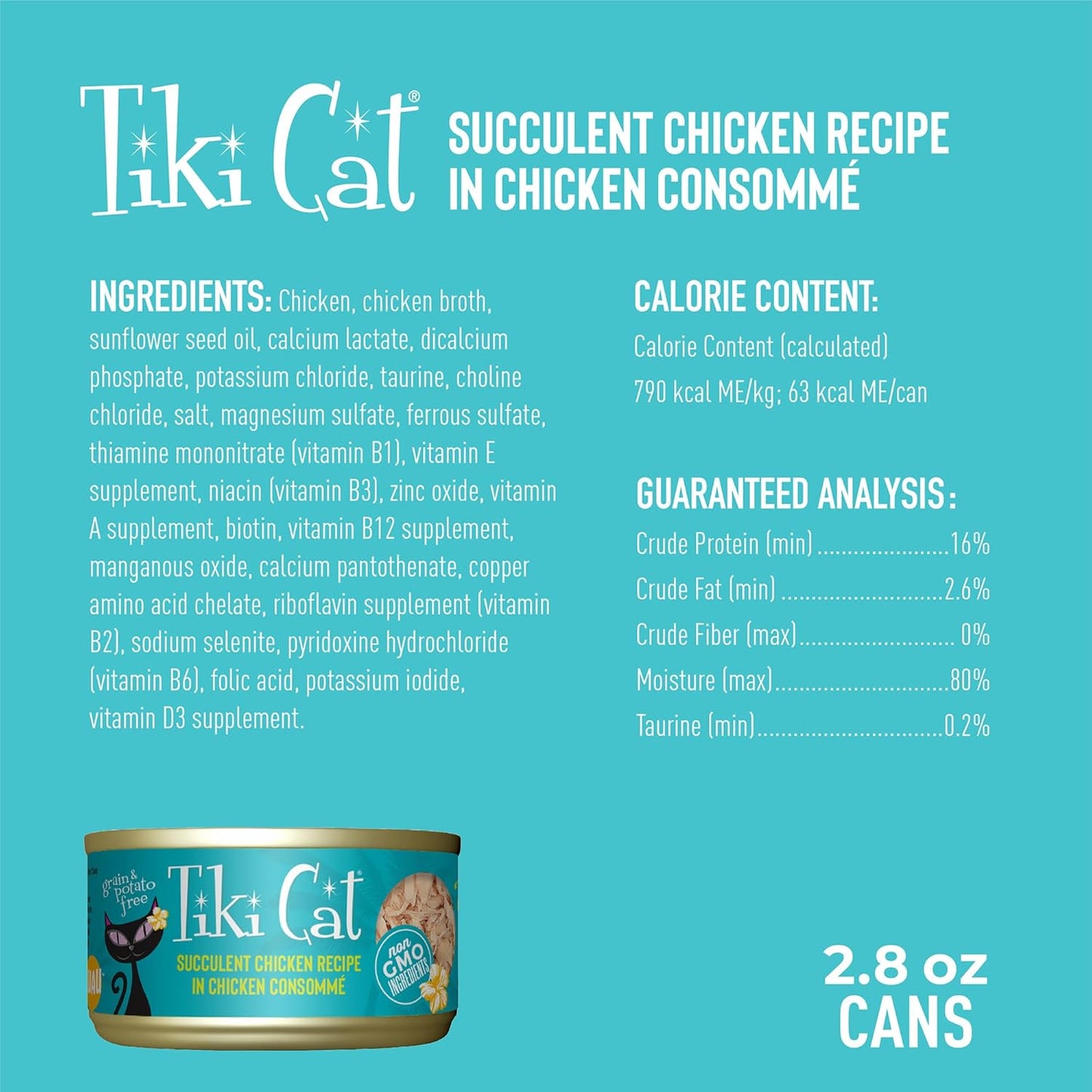 Tiki Cat Luau Shredded Meat, Succulent Chicken Recipe in Chicken Consumme, Grain-Free Balanced Nutrition Wet Canned Cat Food, for All Life Stages, 2.8 Oz. Can (12 Count)