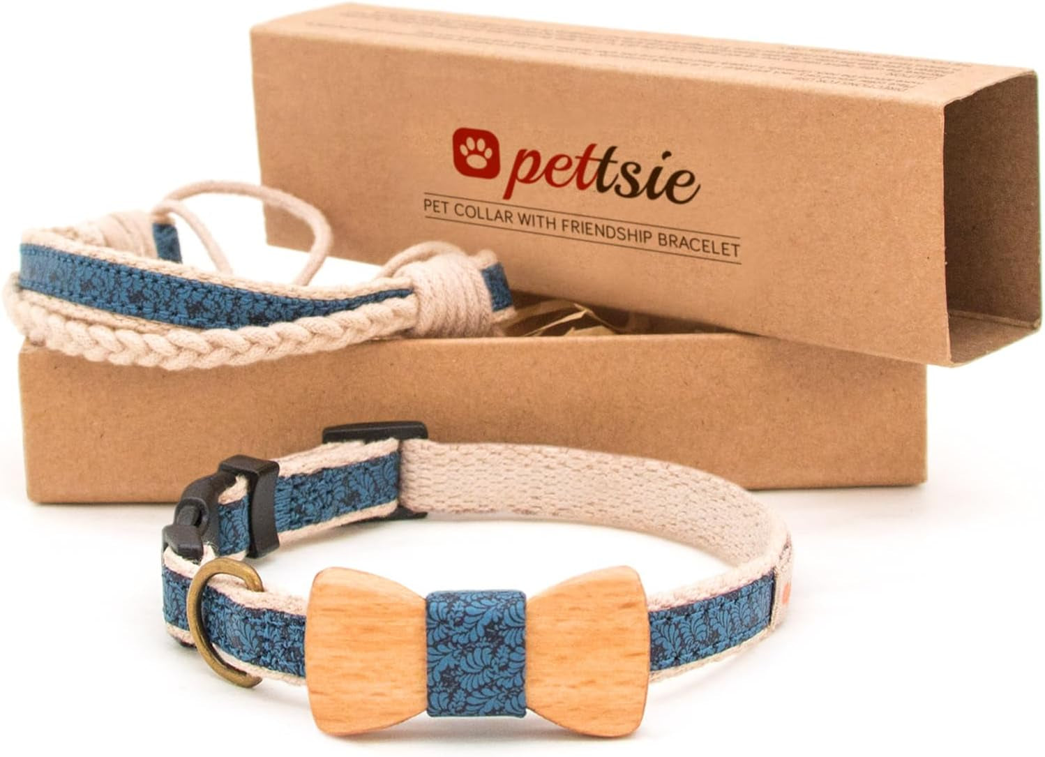 Adjustable Dog Bow Tie Collar with Matching Owner Friendship Bracelet – Stylish & Durable Pet Accessory, Soft Hemp & Cotton, Secure D-Ring, Gift-Ready Set, XS, Blue
