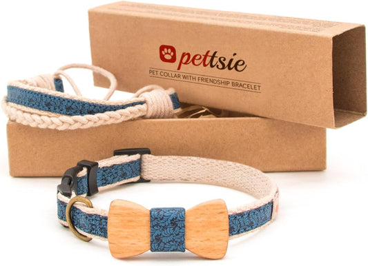 Adjustable Dog Bow Tie Collar with Matching Owner Friendship Bracelet – Stylish & Durable Pet Accessory, Soft Hemp & Cotton, Secure D-Ring, Gift-Ready Set, XS, Blue