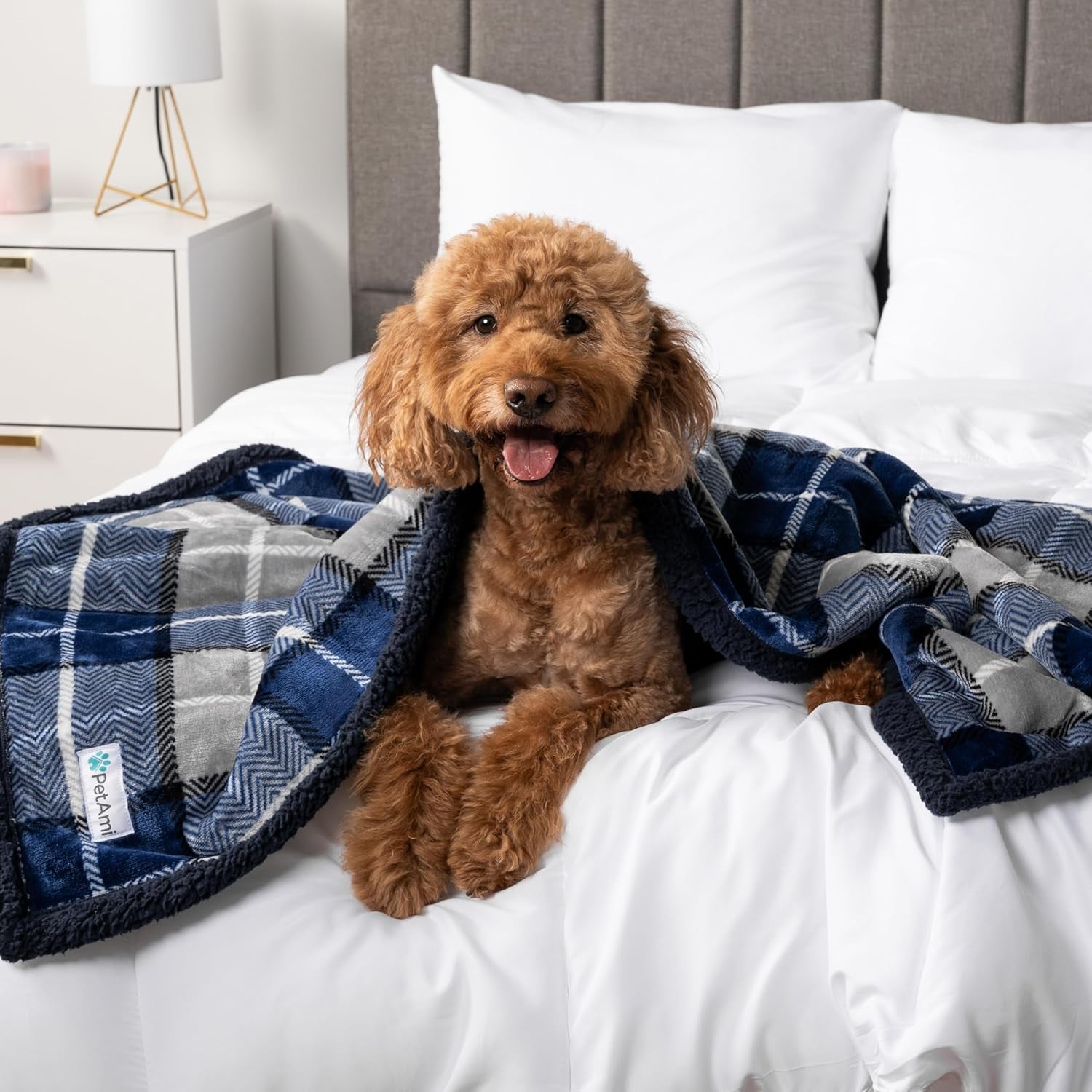Waterproof Dog Blanket for Small Medium Dog Puppy Cat Throw for Couch Cover Leakproof Protection, Sherpa Fleece, Reversible Soft Washable 29X40 Plaid Navy Blue