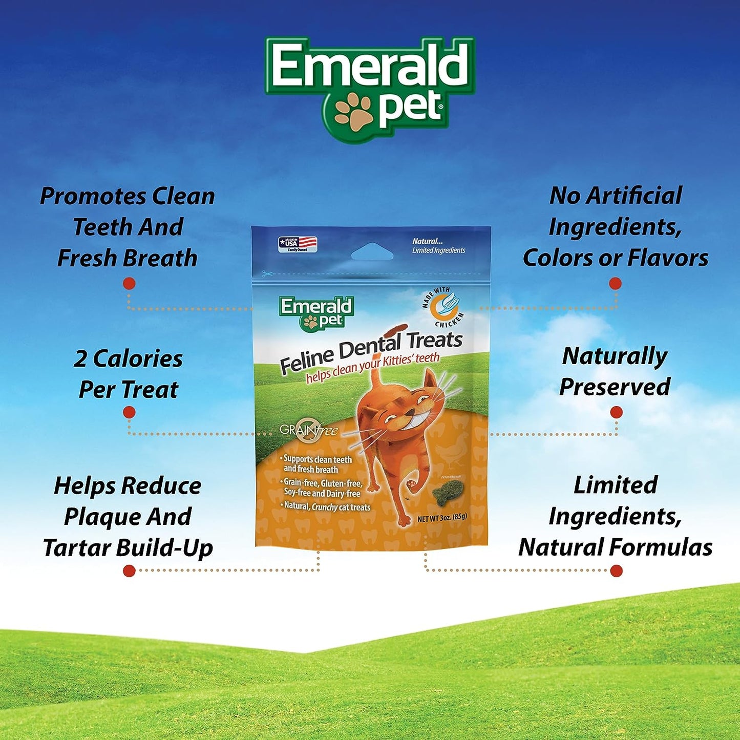 Feline Dental Treats — Tasty and Crunchy Cat Dental Treats Grain Free — Natural Dental Treats to Clean Cat Teeth, Freshen Cat Breath, and Reduce Plaque and Tartar Buildup — Chicken Treats, 3 Oz