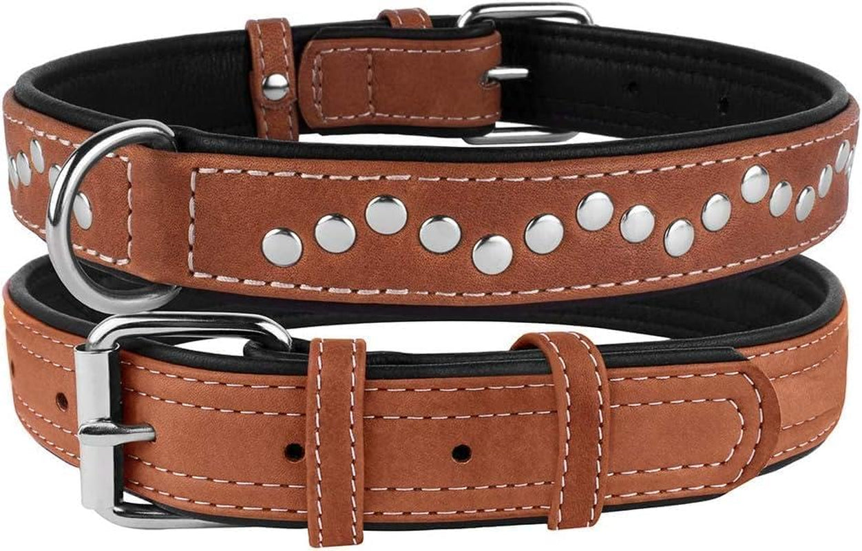 Studded Dog Collar Leather Pet Collars for Dogs Small Medium Large Puppy Soft Padded Brown Black (Brown, Neck Fit 17" - 19")