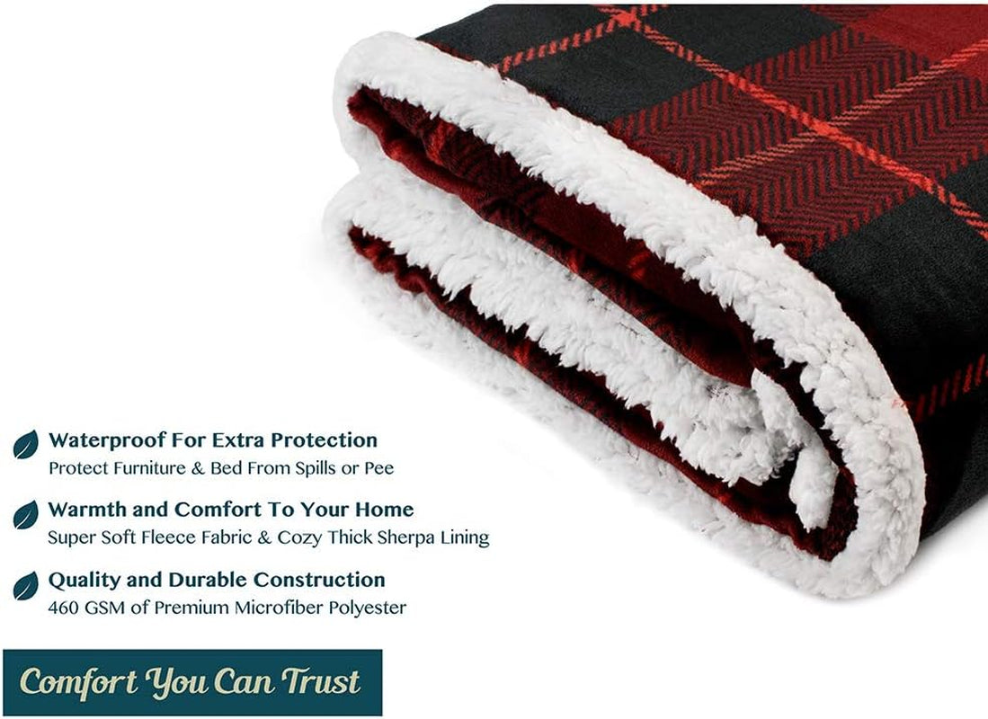 Waterproof Blanket for Couch & Sofa | Large Dog & Cat Protector | Plush Soft Sherpa Blanket, Plaid Red, 60X80