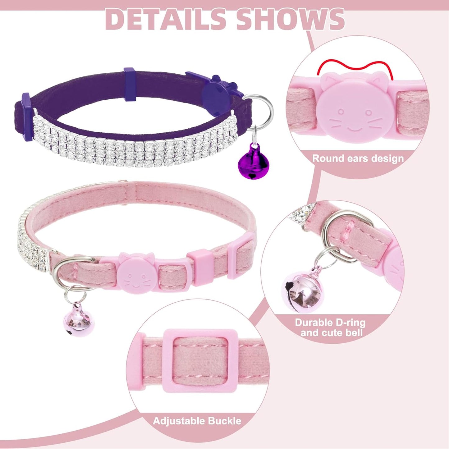 Soft Velvet Safe Cat Collars for Girl Cats -2 Pack Rhinestones Bling Diamante Adjustable Collars Breakaway- Chirstmas Cat Clollar Gifts with Bells for Boy Cats Kitty and Small Dogs
