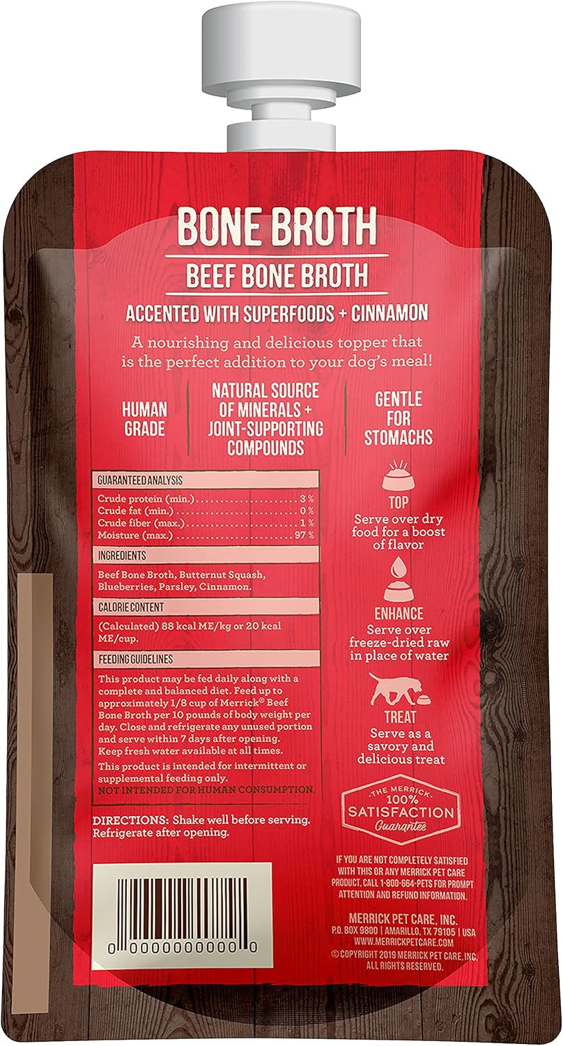 Grain Free Bone Broth Natural Meal Topper for Dogs, Accented with Superfoods & Cinnamon, for Adult Dogs of All Breeds Beef, 7 Ounce,(Pack of 3)