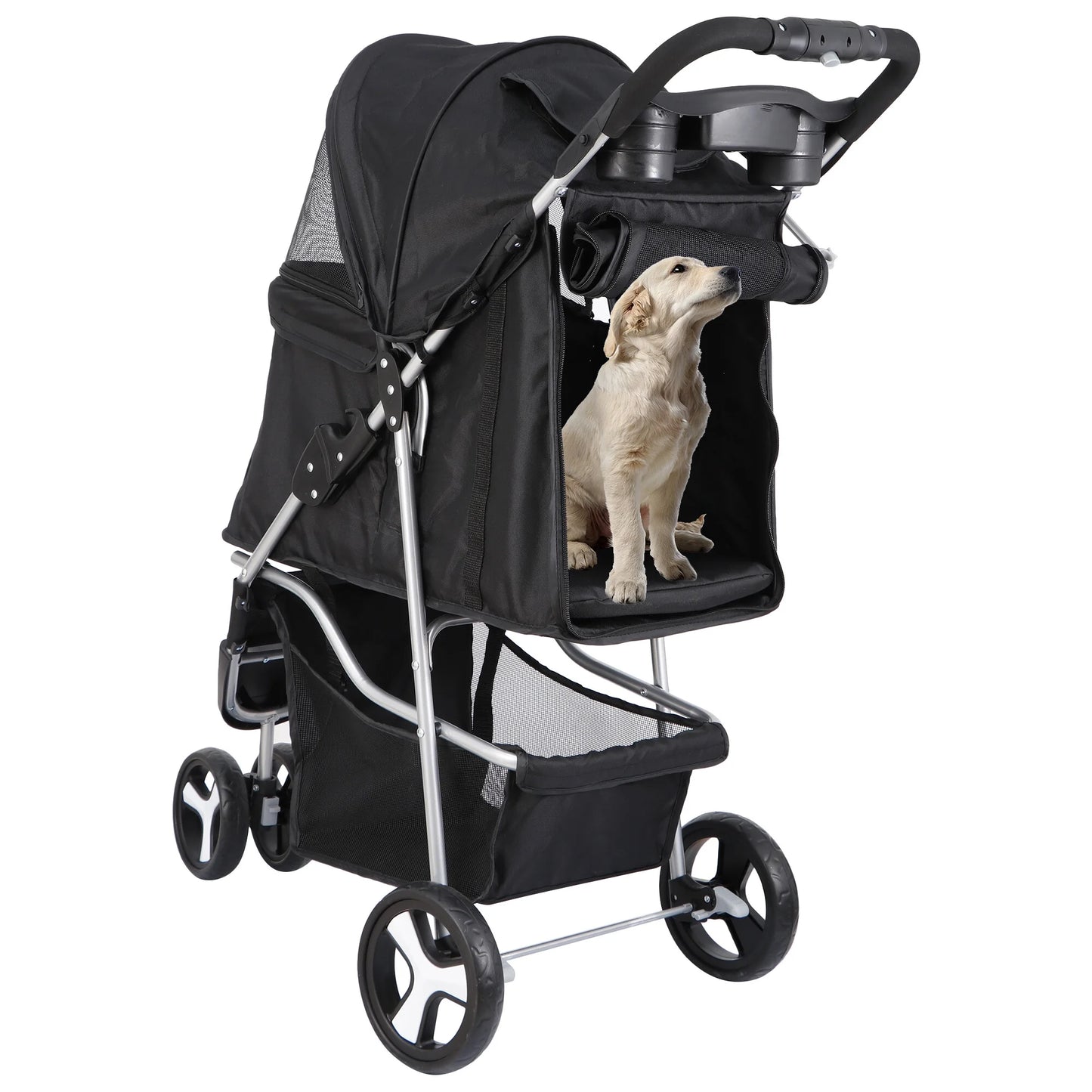 3 Wheel Foldable Pet Stroller for Small Dog Max. 33LBS W/Storage Basket