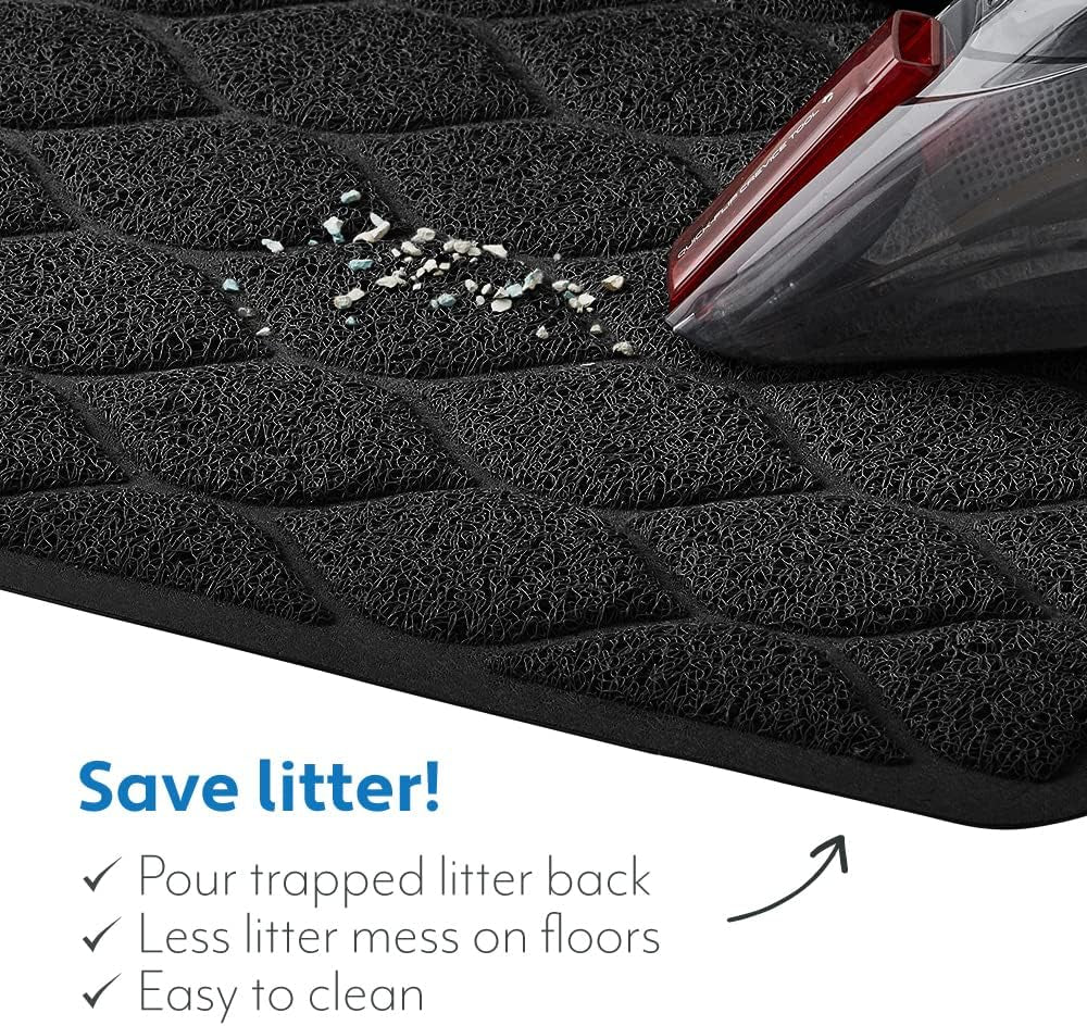 Waterproof BPA Free Cat Litter Box Trapping Mat, Easy Clean Floors, Textured Backing, Soft on Sensitive Kitty Paws, Cats Accessories, Less Waste, Stays in Place, 35X23, Black