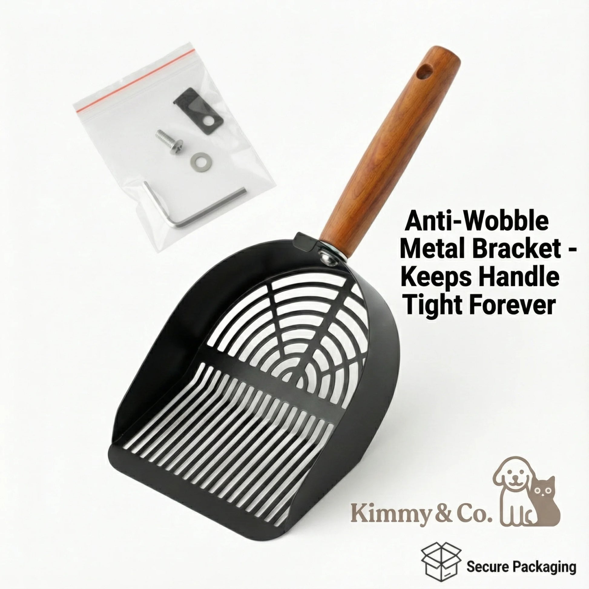Kimmy&Co Solid Wood Cat Litter Scoop - Heavy Duty Non-Stick Metal Sifter - Deep Shovel for Easy Cleaning