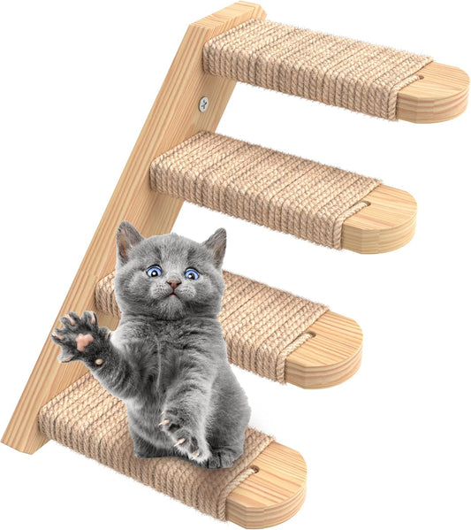 Cat Steps - Solid Rubber Wood Cat Wall Stairs Great for Scratching and Climbing - Easy to Install Wall Mounted Shelves for Playful Cats (Wood, Left-Right)