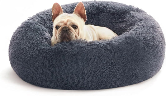 Calming Cat Bed for Indoor Cats, Anti-Anxiety Donut round Dog Bed, Fluffy Faux Fur Washable Pet Bed for Small Medium Dogs and Cats,Bluish Grey,20In