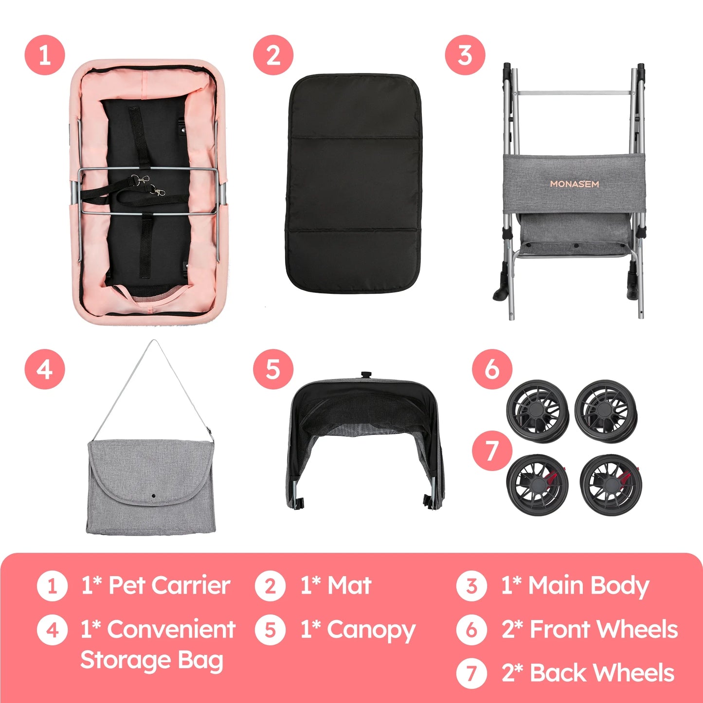 4 Wheels Foldable Pet Stroller 3 in 1 with Waterproof Detachable Pets Travel Carrier for Small/Medium Dogs Cats up to 60Lbs, Pink