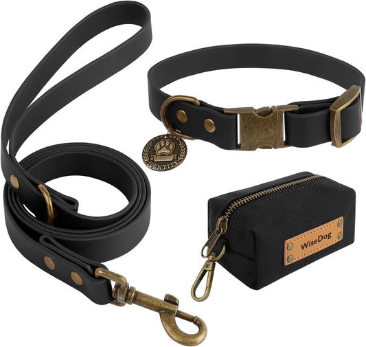 Dog Collar and Leash Set, Waterproof Adjustable Puppy Collars with Cute Tag 4FT Dog Leash with Poop Bag for Small Medium Large Dogs (XS, Black)
