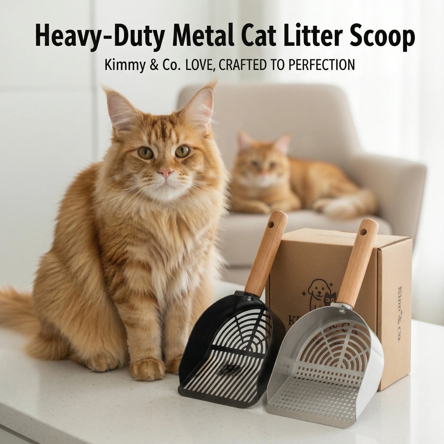 Kimmy&Co Solid Wood Cat Litter Scoop - Heavy Duty Non-Stick Metal Sifter - Deep Shovel for Easy Cleaning