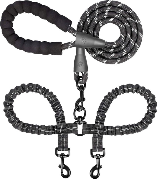 Double Dog Leash for 2 Dogs, Dual Dog Training Leash,  360 Swivel No Tangle Walking Two Dog Leash for Dog Training, Shock Absorbing Bungee Double Leash for 2 Dogs, Black (25-150 Lbs)