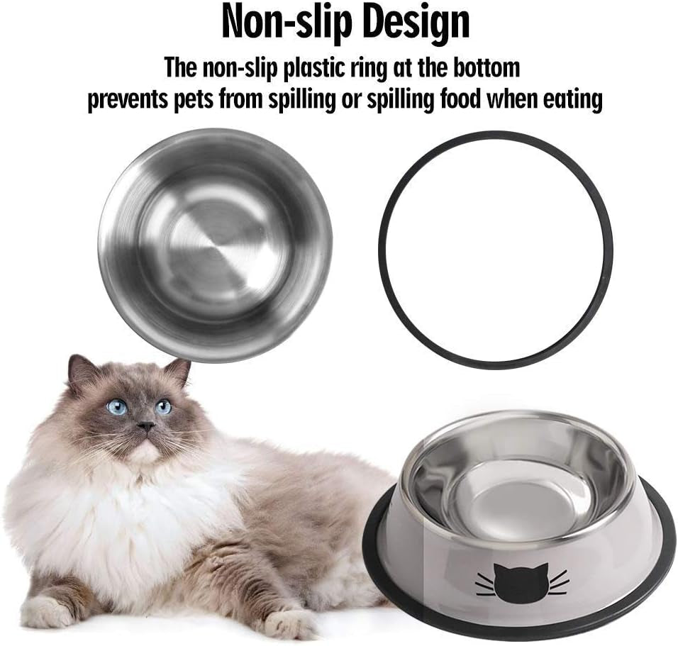 Cat Bowls for Food and Water,2Pcs  Non-Slip Stainless Steel Small Food Bowls 8 Oz Pet Bowl with Removable Rubber Base Dog Bowl,Stackable Cat Puppy Dishes Bowls with Cute Cats Painted
