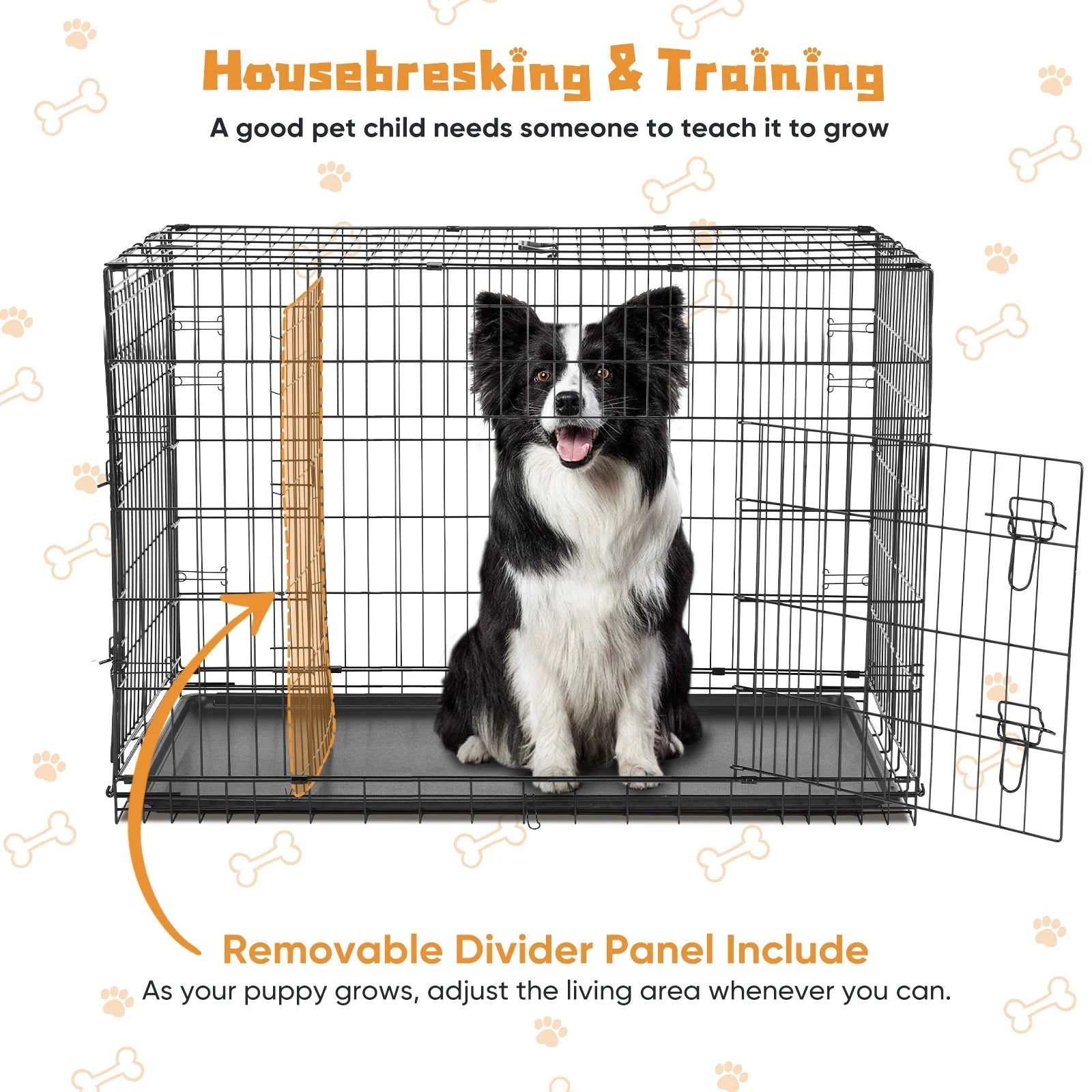 Big Dog Crate with Divider Panel, 48 Inch Double Door Folding Metal Wire Dog Cage with Plastic Leak-Proof Pan Tray