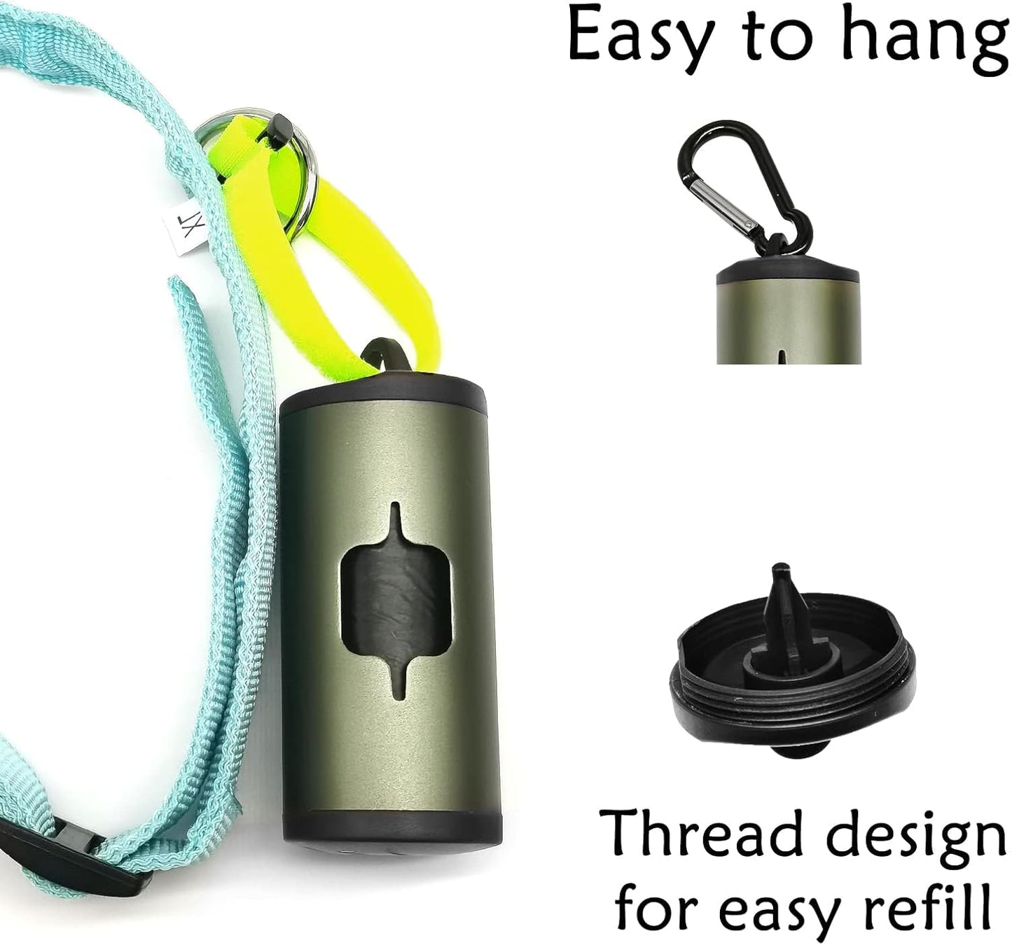 Aluminum Dog Poop Bags Holder with Carabiner Metal Pet Waste Bags Dispenser with Hook and Loop Fastener and Elastic Cord to Carry Used Bags (Olive Green)