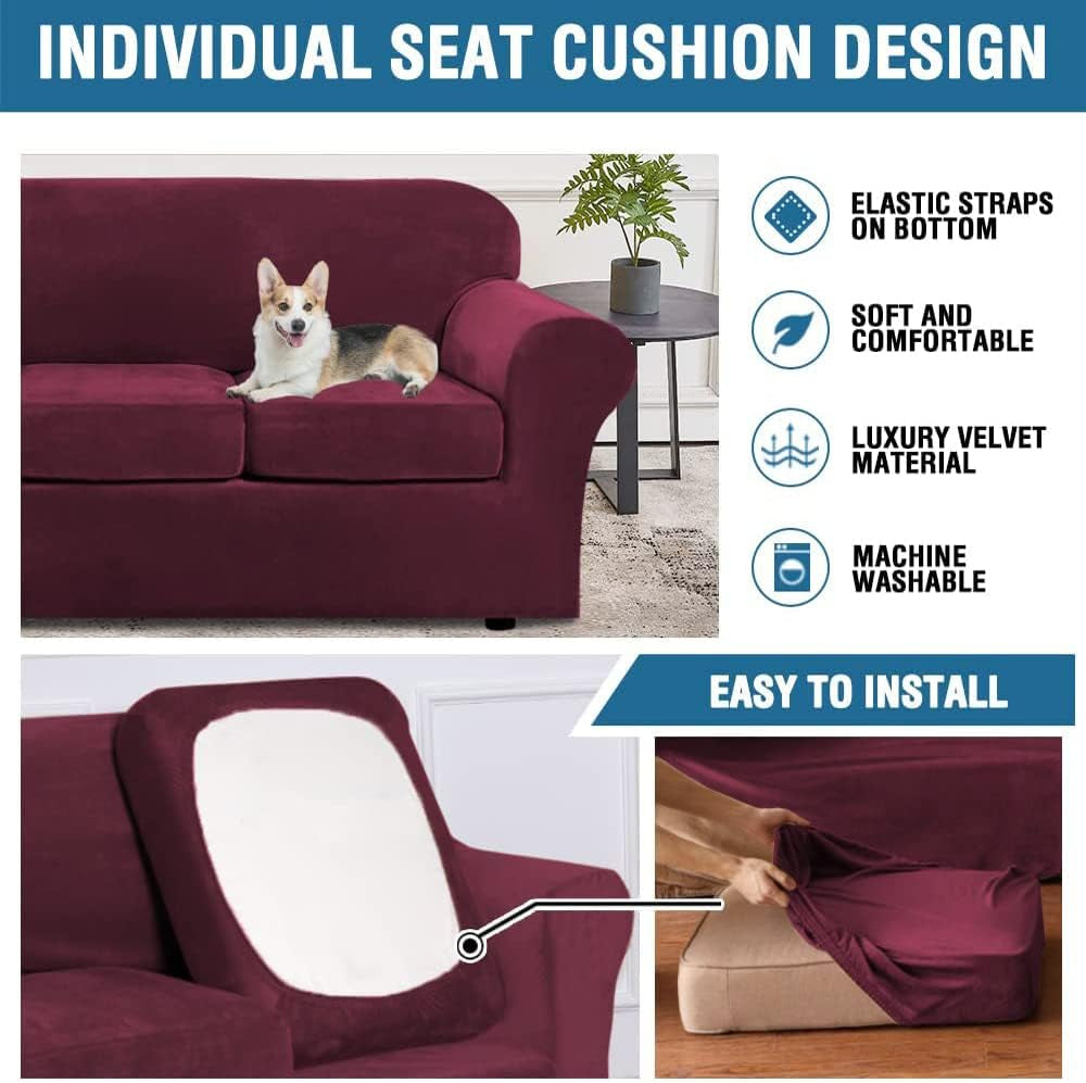 Rich Velvet Stretch 2 Piece Cover Chair Slipcover Sofa Cover Furniture Protector Couch Soft with Elastic Bottom Chair Couch Cover with Arms Width up to 49 Inch(Chair, Burgundy)