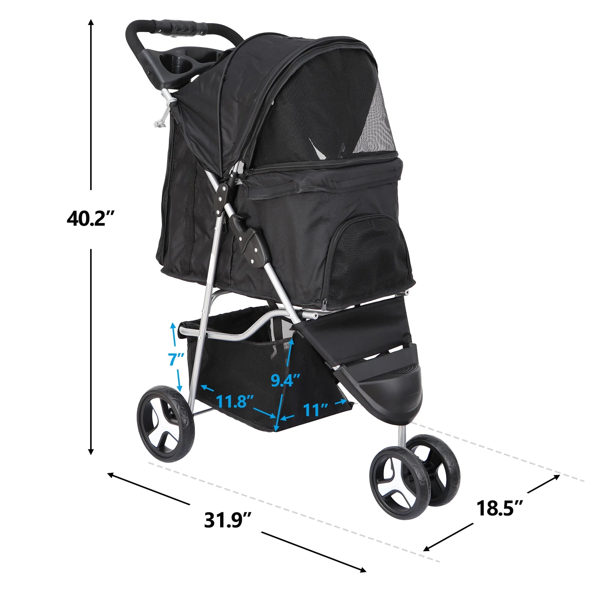 3 Wheel Foldable Pet Stroller for Small Dog Max. 33LBS W/Storage Basket