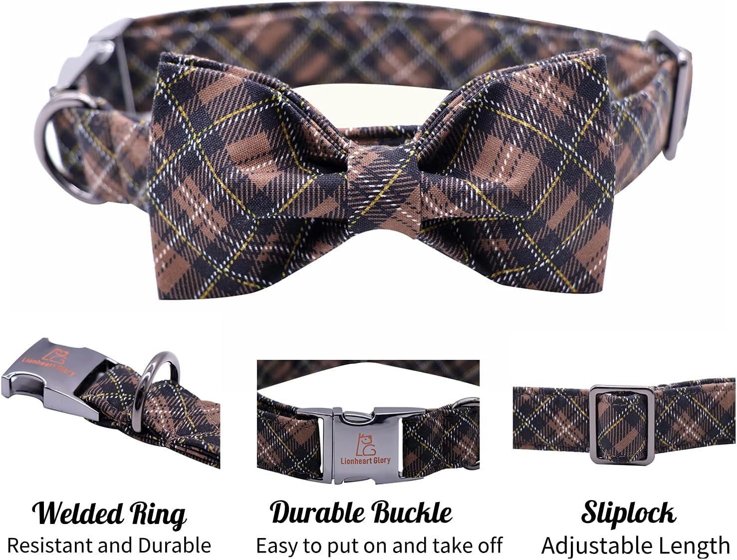Premium Plaid Dog Collars, Bowtie Dog Collar, Adjustable Heavy Duty Dog Collar with Bow for Medium Dogs