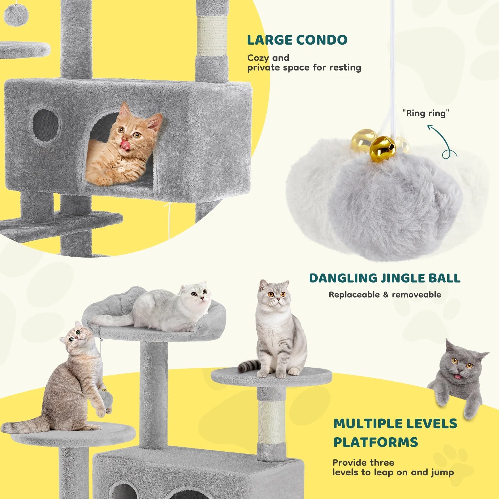 54" Cat Tree Tower Multi-Level with Scratching Post, Large Condo for Indoor, Light Gray
