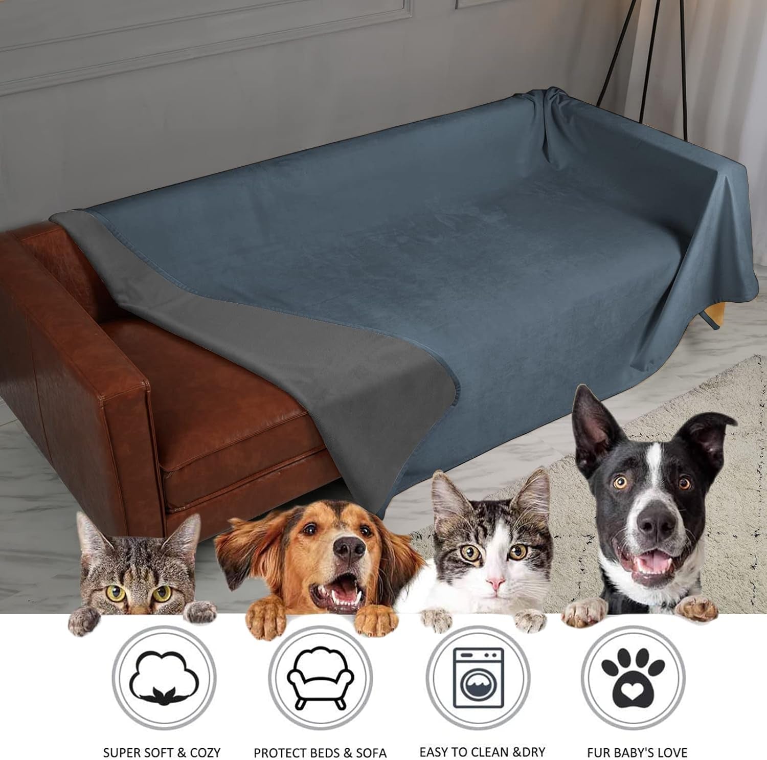 Pet Bed Blanket Reversible 100% Waterproof Velvet Super Soft for Sofa and Bed