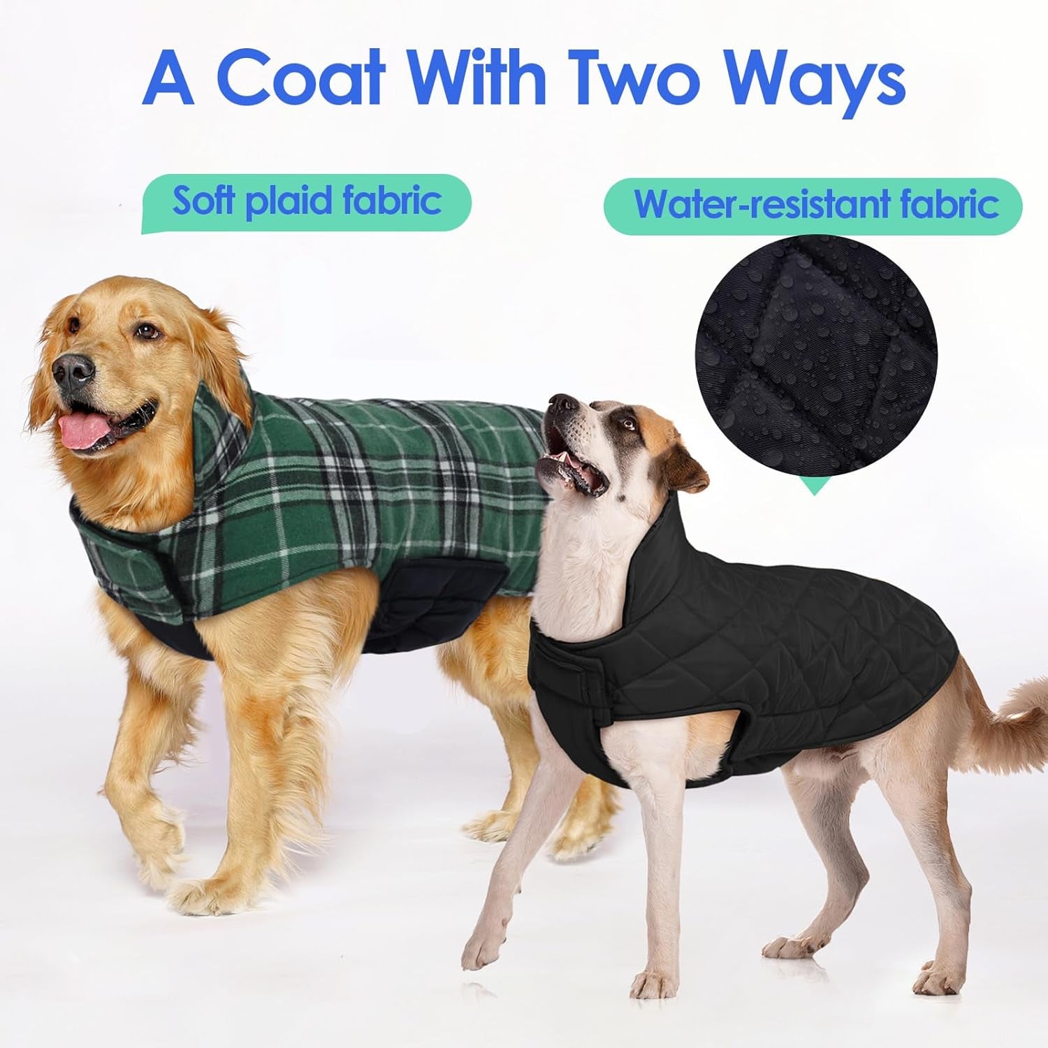 Dog Jackets for Winter, Reversible, Windproof, Waterproof Jackets in Plaid, Warm Vest for Medium Dogs, Green, M