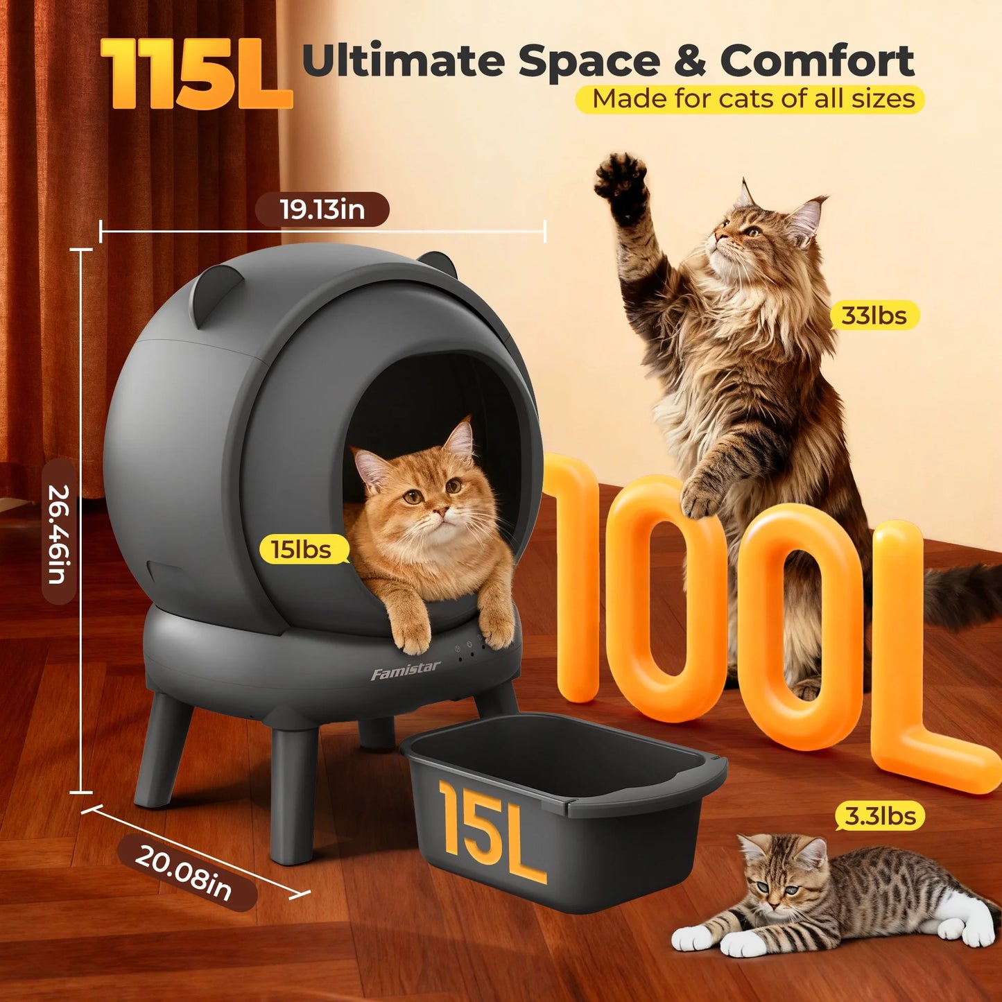 Automatic Cat Litter Box Self Cleaning, 100+15L Large Litter Box with Liner, Odor Removal, 2.4G Wifi APP Control/Integrated Safety Protection, Litter Mat