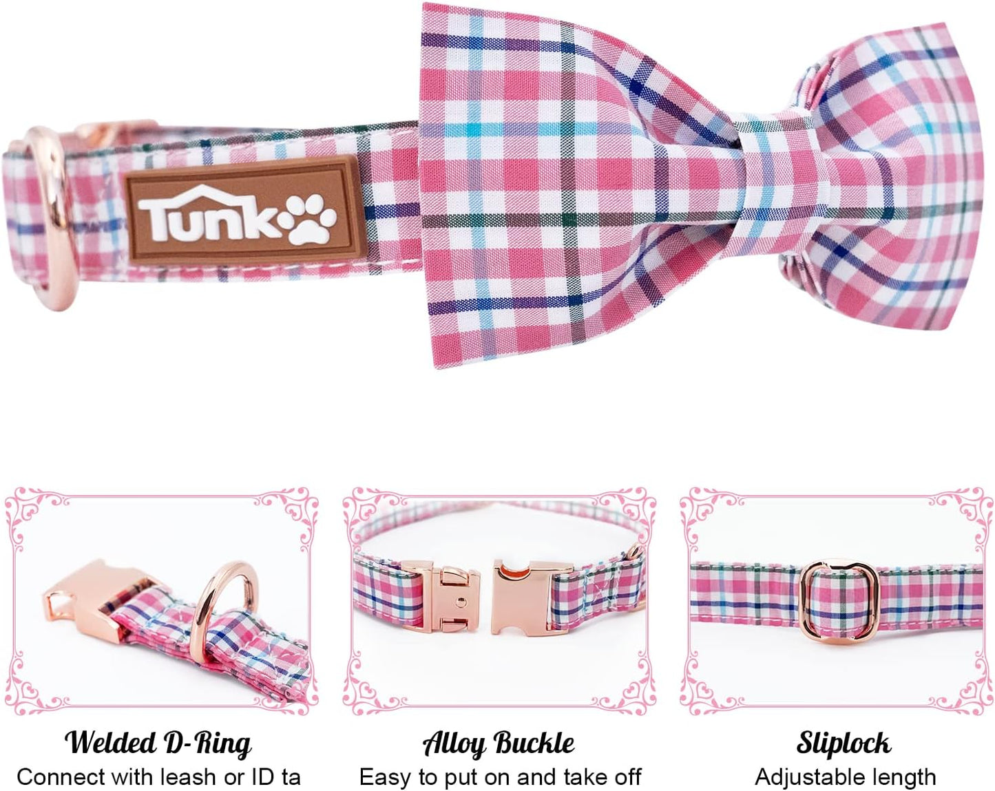 Dog Collar with Bow Tie Elegant Plaid Soft Comfy Cotton Adjustable Collar Premium Metal Buckle,Small Medium Large Puppy Cat Outdoor Training Walking Running（Pink Grid，S）