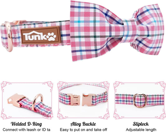 Dog Collar with Bow Tie Elegant Plaid Soft Comfy Cotton Adjustable Collar Premium Metal Buckle,Small Medium Large Puppy Cat Outdoor Training Walking Running（Pink Grid，S）