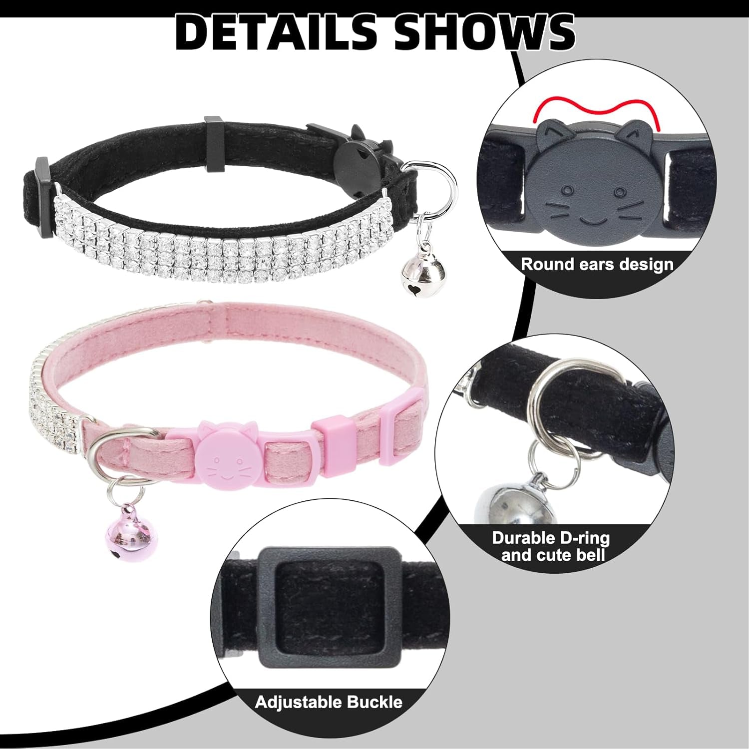 Soft Velvet Safe Cat Collars for Girl Cats -2 Pack Rhinestones Bling Diamante Adjustable Collars Breakaway- Chirstmas Cat Clollar Gifts with Bells for Boy Cats Kitty and Small Dogs