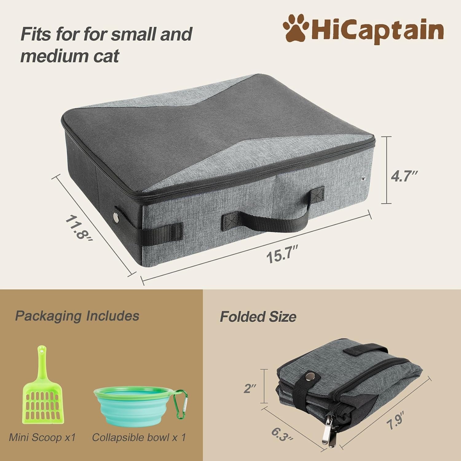 Portable Litter Box for Cats, Cat Travel Litter Box with Lid and Handle Standard Portable Collapsible Litter Carrier for Cat (M,Black/Gray)