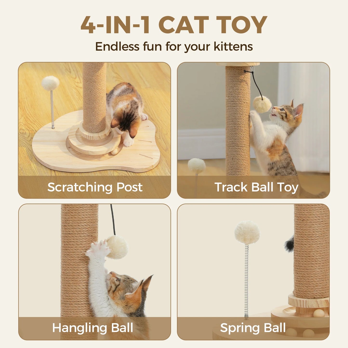 19.3" Cat Scratching Post with Ball Track Toy for Kittens and Small Cats, Beige