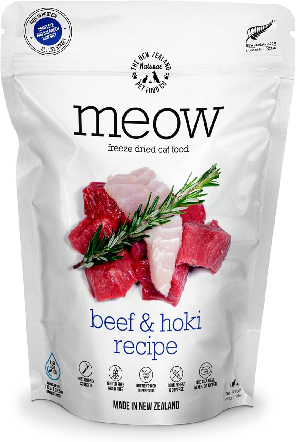 Meow Freeze Dried Cat Food - Beef & Hoki Recipe, High Protein Treats, Meals & Toppers, Dry Cat Food, 9.9 Oz