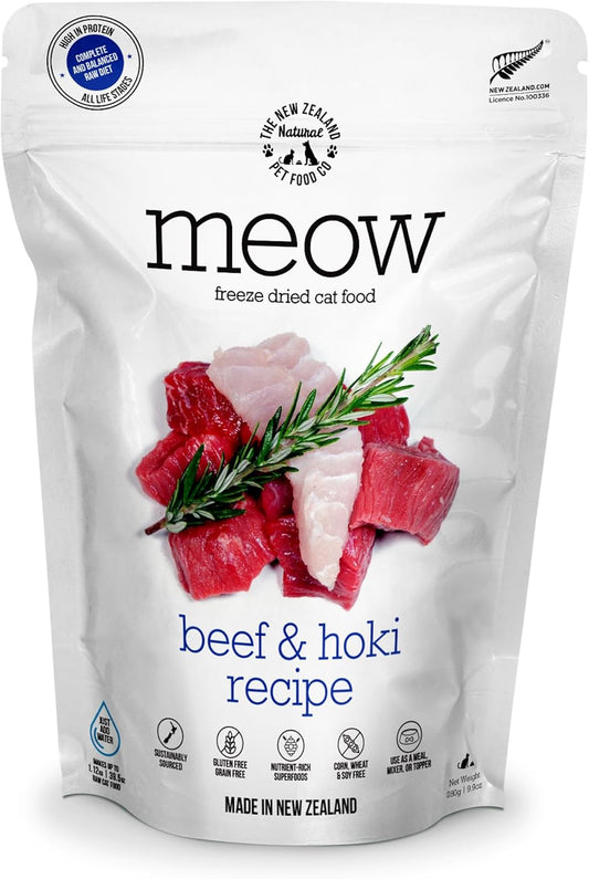 Meow Freeze Dried Cat Food - Beef & Hoki Recipe, High Protein Treats, Meals & Toppers, Dry Cat Food, 9.9 Oz