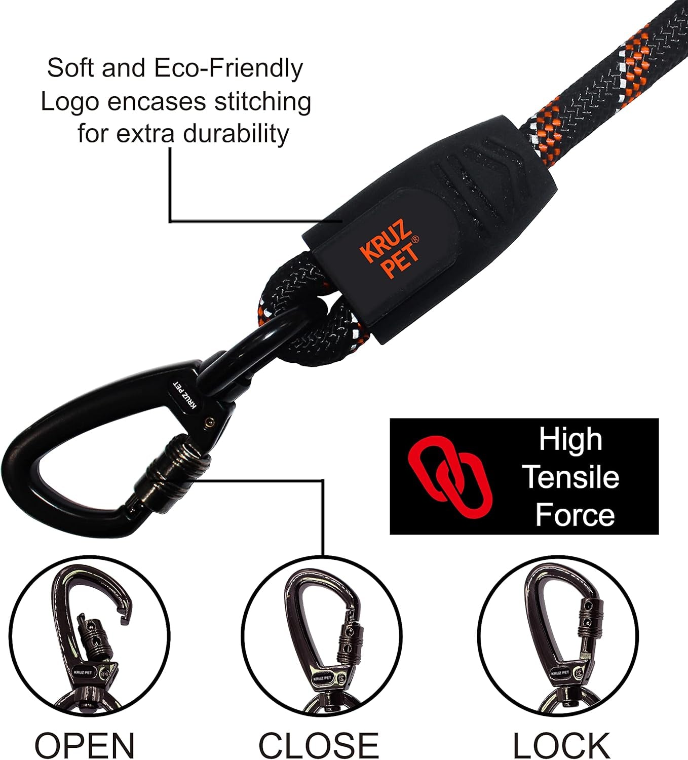 KRUZ Dog Leash (Width - 1/2”, Length - 20 IN) Reflective Rope Lead with Soft Silicone Grip, Click & Lock Snap Lightweight Leash for Dogs, Durable & Tangle-Free for Walking, Running & Training - Orange