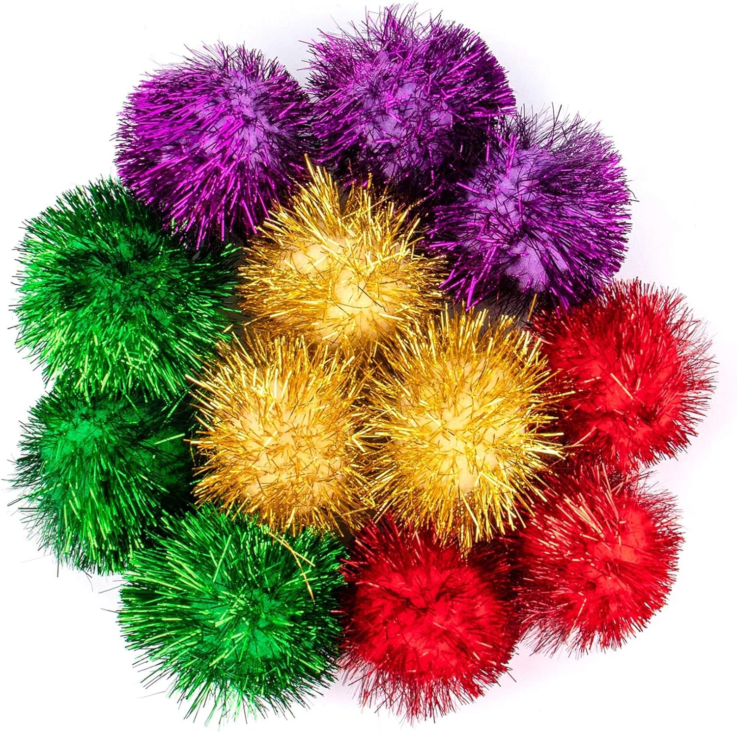 , 12 Pack 2 Inch Sparkle Ball Shiny Glitter Tinsel Pom Poms Interactive Cat Balls for Kittens (4 Colors, 12 Inch-12 Pack)