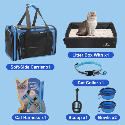 Cat Carrier Soft-Sided & Foldable Travel Litter Box for Cats, Fit 20Lbs Pets, 17.7' * 11.8 * 11.8 Inches Cat Bag for Traveling & Camping, Indoor & Outdoor, Pet Carrier Kit, Blue