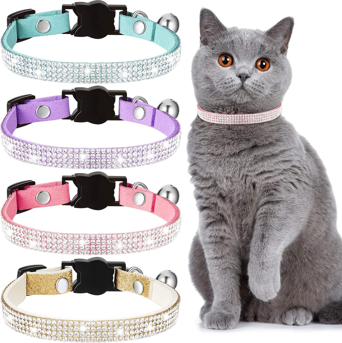 4 Pieces Rhinestones Cat Collars Breakaway Cat Collar with Bell Bling Pet Accessories with Soft Velvet, 4 Colors(Xs,Purple, Blue, Gold, Pink)
