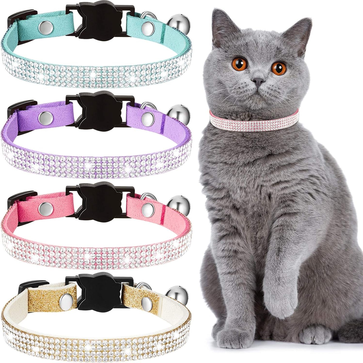 4 Pieces Rhinestones Cat Collars Breakaway Cat Collar with Bell Bling Pet Accessories with Soft Velvet, 4 Colors(Xs,Purple, Blue, Gold, Pink)